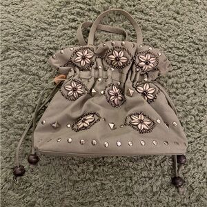 Matthew Williamson Sage Green Seashell Bead Grommet Cloth Drawstring Purse Bag